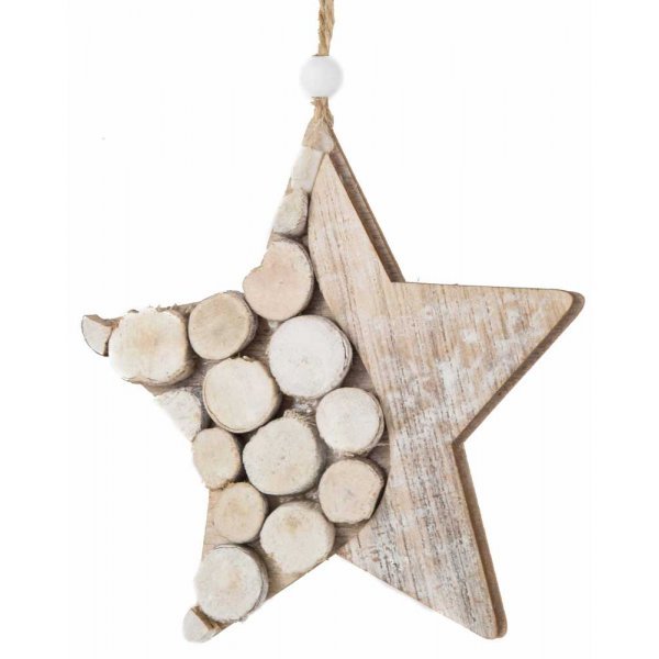 Χριστουγεννιάτικο Κρεμαστό Ξύλινο Αστέρι, Διακοσμημένο με Κορμούς (13cm)